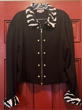 Vintage Maxima Black Bomber Jacket with Zebra-Print Collar & Cuffs